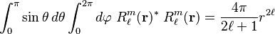 
\int_{0}^{\pi}\sin\theta\, d\theta \int_0^{2\pi} d\varphi\; R^m_{\ell}(\mathbf{r})^*\; R^m_{\ell}(\mathbf{r}) 
=  \frac{4\pi}{2\ell+1} r^{2\ell}
