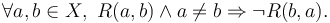 \forall a, b \in X,\ R(a,b) \and a \ne b \Rightarrow \lnot  R(b,a) .