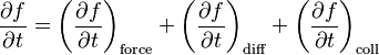 \frac{\partial f}{\partial t} = \left(\frac{\partial f}{\partial t}\right)_\mathrm{force} + \left(\frac{\partial f}{\partial t}\right)_\mathrm{diff}+ \left(\frac{\partial f}{\partial t}\right)_\mathrm{coll}