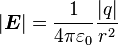 |\boldsymbol{E}|={1\over4\pi\varepsilon_0}{|q|\over r^2}