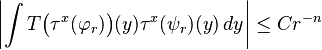  \left|\int T\bigl(\tau^x(\varphi_r)\bigr)(y) \tau^x(\psi_r)(y) \, dy\right| \leq Cr^{-n}