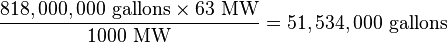 \frac{818,000,000 \mbox{ gallons} \times 63 \mbox{ MW}}{1000 \mbox{ MW}} = 51,534,000 \mbox{ gallons}