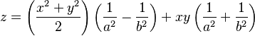 z = \left(\frac{x^2 + y^2}{2}\right) \left(\frac{1}{a^2} - \frac{1}{b^2}\right) + xy \left(\frac{1}{a^2}+\frac{1}{b^2}\right)