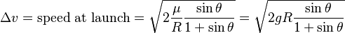 \Delta v=\text{speed at launch}=\sqrt{2\frac\mu R\frac{\sin\theta}{1+\sin\theta}}=\sqrt{2gR\frac{\sin\theta}{1+\sin\theta}}