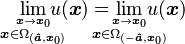  \lim_{\overset{\boldsymbol{x}\rightarrow \boldsymbol{x}_0}{\boldsymbol{x}\in\Omega_{({\boldsymbol{\hat{a}}},\boldsymbol{x}_0)}}}\!\!\!\!\!\!u(\boldsymbol{x}) = \!\!\!\!\!\!\!\lim_{\overset{\boldsymbol{x}\rightarrow \boldsymbol{x}_0}{\boldsymbol{x}\in\Omega_{(-{\boldsymbol{\hat{a}}},\boldsymbol{x}_0)}}}\!\!\!\!\!\!\!u(\boldsymbol{x})
