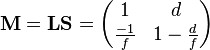 \mathbf{M} =\mathbf{L}\mathbf{S} = \begin{pmatrix} 1 & d \\ \frac{-1}{f} & 1-\frac{d}{f} \end{pmatrix} 