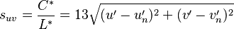 s_{uv} = \frac{C^*}{L^*} = 13 \sqrt{(u^\prime - u^\prime_n)^2 + (v^\prime - v^\prime_n)^2}