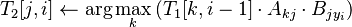 T_2[j,i] \gets \arg\max_{k}{(T_1[k,i-1]\cdot A_{kj}\cdot B_{jy_i})} 