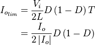 \begin{align}
  I_{o_{lim}} &= \frac{V_i}{2L}D\left(1-D\right)T\\
              &= \frac{I_o}{2\left|I_o\right|} D\left(1-D\right)
\end{align}