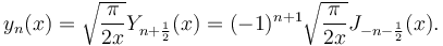 y_{n}(x) = \sqrt{\frac{\pi}{2x}} Y_{n+\frac{1}{2}}(x) = (-1)^{n+1} \sqrt{\frac{\pi}{2x}} J_{-n-\frac{1}{2}}(x).