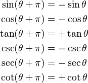 
\begin{align}
\sin(\theta + \pi) &= -\sin \theta \\
\cos(\theta + \pi) &= -\cos \theta \\
\tan(\theta + \pi) &= +\tan \theta \\
\csc(\theta + \pi) &= -\csc \theta \\
\sec(\theta + \pi) &= -\sec \theta \\
\cot(\theta + \pi) &= +\cot \theta \\
\end{align}
