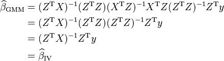 
\begin{align}
\widehat{\beta}_\mathrm{GMM} &= (Z^\mathrm{T} X)^{-1}(Z^\mathrm{T} Z)(X^\mathrm{T} Z)^{-1}X^\mathrm{T} Z(Z^\mathrm{T} Z)^{-1}Z^\mathrm{T} y\\
&=  (Z^\mathrm{T} X)^{-1}(Z^\mathrm{T} Z)(Z^\mathrm{T} Z)^{-1}Z^\mathrm{T} y\\
&=(Z^\mathrm{T} X)^{-1}Z^\mathrm{T}y \\
&=\widehat{\beta}_\mathrm{IV}
\end{align}
