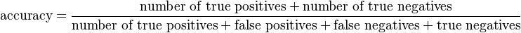 \text{accuracy}=\frac{\text{number of true positives}+\text{number of true negatives}}{\text{number of true positives}+\text{false positives} + \text{false negatives} + \text{true negatives}}