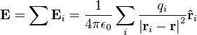 \mathbf{E} = \sum \mathbf{E}_i = \frac{1}{4 \pi \epsilon_0} \sum_i \frac{q_i}{\left | \mathbf{r}_i - \mathbf{r} \right |^2}\mathbf{\hat{r}}_i \,\!