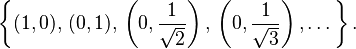 \left\{ (1,0) , \, (0,1), \, \left(0,\frac{1}{\sqrt{2}}\right) , \, \left(0,\frac{1}{\sqrt{3}}\right), \dotsc \right\}.