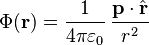  \Phi(\mathbf{r}) = \frac{1}{4\pi\varepsilon_0}\,\frac{\mathbf{p}\cdot\hat{\mathbf{r}}}{r^2}