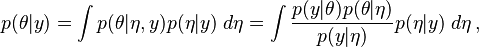 
p(\theta|y)
= \int p(\theta|\eta, y) p(\eta | y) \; d \eta
= \int \frac{p(y | \theta) p(\theta | \eta)}{p(y | \eta)} p(\eta | y) \; d \eta\,,
