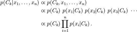 
\begin{align}
p(C_k \vert x_1, \dots, x_n) & \varpropto p(C_k, x_1, \dots, x_n) \\
                             & \varpropto p(C_k) \ p(x_1 \vert C_k) \ p(x_2\vert C_k) \ p(x_3\vert C_k) \ \cdots \\
                             & \varpropto p(C_k) \prod_{i=1}^n p(x_i \vert C_k)\,.
\end{align}
