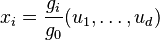 x_i=\frac{g_i}{g_0}(u_1,\ldots,u_d)