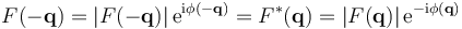 F(-\mathbf{q}) = \left|F(-\mathbf{q}) \right|\mathrm{e}^{\mathrm{i}\phi(-\mathbf{q})} = F^{*}(\mathbf{q}) = \left| F(\mathbf{q}) \right|\mathrm{e}^{-\mathrm{i}\phi(\mathbf{q})} 