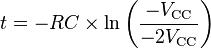 
t = -RC \times \ln\left(\frac{-V_\text{CC}}{-2 V_\text{CC}}\right)
