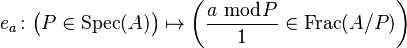 e_a \colon \bigl(P \in \operatorname{Spec}(A)\bigr) \mapsto \left(\frac{a \; \bmod P}{1} \in \operatorname{Frac}(A/P)\right)