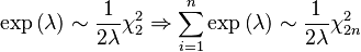 \exp \left( \lambda  \right) \sim \frac{1}{2\lambda }\chi _{2}^{2}\Rightarrow \sum\limits_{i=1}^{n}{\exp \left( \lambda  \right)} \sim \frac{1}{2\lambda }\chi _{2n}^{2}