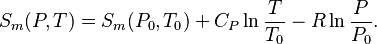 S_m(P,T)=S_m(P_0,T_0)+C_P \ln \frac {T}{T_0}-R\ln\frac{P}{P_0}.