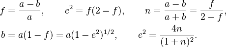 
\begin{align}
 f&=\frac{a-b}{a}, \qquad  e^2=f(2-f), \qquad n=\frac{a-b}{a+b}=\frac{f}{2-f},\\
b&=a(1-f)=a(1-e^2)^{1/2},\qquad  e^2=\frac{4n}{(1+n)^2}.
\end{align}
