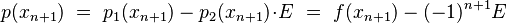 p(x_{n+1}) \ = \ p_1(x_{n+1}) - p_2(x_{n+1})\!\cdot\!E \ = \ f(x_{n+1}) - (-1)^{n+1} E