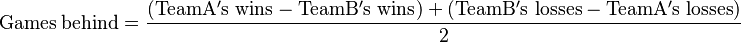 \mathrm{Games}\ \mathrm{behind} = \frac{(\mathrm{Team A's}\ \mathrm{wins}-\mathrm{Team B's}\ \mathrm{wins}) + (\mathrm{Team B's}\ \mathrm{losses} - \mathrm{Team A's}\ \mathrm{losses})}{\mathrm{2}}