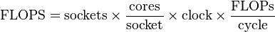 \text{FLOPS} = \text{sockets} \times \frac{\text{cores}}{\text{socket}} \times \text{clock} \times \frac{\text{FLOPs}}{\text{cycle}}