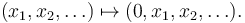 (x_1, x_2, \dots) \mapsto (0, x_1, x_2, \dots).