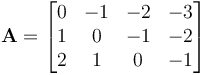 \mathbf A = \begin{bmatrix}
0 & -1 & -2 & -3\\
1 & 0 & -1 & -2\\
2 & 1 & 0 & -1
\end{bmatrix}