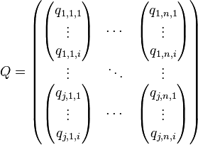 Q = \begin{pmatrix} \begin{pmatrix} 
q_{1,1,1} \\ \vdots \\ q_{1,1,i} 
\end{pmatrix} & \cdots & \begin{pmatrix}
q_{1,n,1} \\ \vdots \\ q_{1,n,i} 
\end{pmatrix} \\ \vdots & \ddots & \vdots \\ \begin{pmatrix} 
q_{j,1,1} \\ \vdots \\ q_{j,1,i} 
\end{pmatrix} & \cdots & \begin{pmatrix}
q_{j,n,1} \\ \vdots \\ q_{j,n,i} 
\end{pmatrix} \end{pmatrix}
