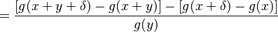 =\frac{[g(x+y+\delta)-g(x+y)]-[g(x+\delta)-g(x)]}{g(y)}