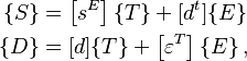 
  \begin{align}
    \{S\} &= \left [s^E \right ]\{T\}+[d^t]\{E\} \\
    \{D\} &= [d]\{T\}+\left [ \varepsilon^T \right ] \{E\} \,,
  \end{align}
