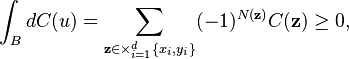  \int_B dC(u) =\sum_{\mathbf z\in \times_{i=1}^{d}\{x_i,y_i\}} (-1)^{N(\mathbf z)} C(\mathbf z)\ge 0,