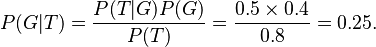 P(G|T) = \frac{P(T|G) P(G)}{P(T)} = \frac{0.5 \times 0.4}{0.8} = 0.25.