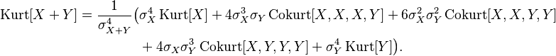 
\begin{align}
\operatorname{Kurt}[X+Y] = {1 \over \sigma_{X+Y}^4} \big( & \sigma_X^4\operatorname{Kurt}[X] + 4\sigma_X^3\sigma_Y\operatorname{Cokurt}[X,X,X,Y] + 6\sigma_X^2\sigma_Y^2\operatorname{Cokurt}[X,X,Y,Y] \\
& {} + 4\sigma_X\sigma_Y^3\operatorname{Cokurt}[X,Y,Y,Y] + \sigma_Y^4\operatorname{Kurt}[Y] \big).
\end{align}
