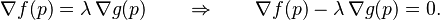 \nabla f(p)=\lambda \, \nabla g( p) \qquad \Rightarrow \qquad \nabla f(p)-\lambda \, \nabla g(p)=0.