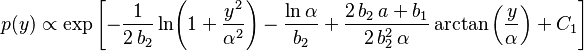 p(y) \propto \exp\left[ -\frac{1}{2\,b_2} \ln\!\left(1+\frac{y^2}{\alpha^2}\right) -\frac{\ln\alpha}{b_2} +\frac{2\,b_2\,a + b_1}{2\,b_2^2\,\alpha} \arctan\left(\frac{y}{\alpha}\right) + C_1 \right]