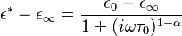 \epsilon^* - \epsilon_\infty  = \dfrac{\epsilon_0 - \epsilon_\infty}{1 + (i\omega\tau_0)^{1-\alpha}}