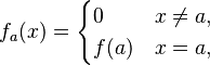 f_a(x)=
\begin{cases}
0 & x\neq a, \\
f(a) & x=a, \\
\end{cases}
