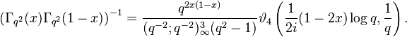  \left(\Gamma_{q^2}(x)\Gamma_{q^2}(1-x)\right)^{-1}=\frac{q^{2x(1-x)}}{(q^{-2};q^{-2})^3_\infty(q^2-1)}\vartheta_4\left(\frac{1}{2i}(1-2x)\log q,\frac{1}{q}\right). 