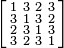 \left [
\begin{smallmatrix}
 1 &  3 &  2 & 3 \\
 3 &  1 &  3 & 2 \\
 2 &  3 &  1 & 3\\
 3 &  2 &  3 & 1 
\end{smallmatrix}\right ]