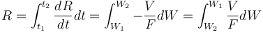 R= \int_{t_1}^{t_2} \frac{dR}{dt} dt = \int_{W_1}^{W_2} -\frac{V}{F}dW =\int_{W_2}^{W_1}\frac{V}{F}dW