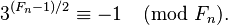 3^{(F_n-1)/2}\equiv-1\pmod{F_n}.