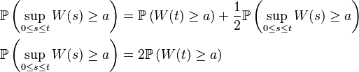  
\begin{align}
\mathbb{P}\left(\sup_{0\leq s\leq t}W(s) \geq a\right) & = \mathbb{P}\left(W(t) \geq a\right) + \frac{1}{2}\mathbb{P}\left(\sup_{0\leq s\leq t}W(s) \geq a\right) \\
\mathbb{P}\left(\sup_{0\leq s\leq t}W(s) \geq a\right) &= 2 \mathbb{P}\left(W(t) \geq a\right)
\end{align}