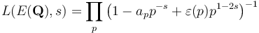 L(E(\mathbf{Q}), s) = \prod_p \left(1 - a_p p^{-s} + \varepsilon(p)p^{1 - 2s}\right)^{-1}